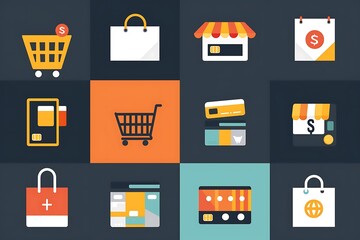Set of minimalist e-commerce icons designed with clean lines and simple shapes, representing shopping