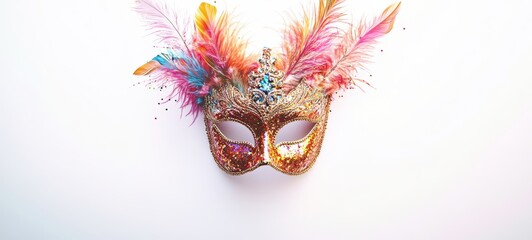 A festive New Year Eve party mask with sequins and feathers, centered on a white background