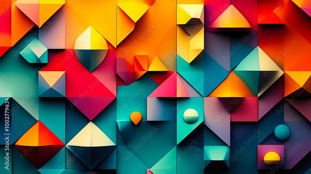 Poster vibrant abstract geometric pattern in gradient colors, 3d shapes, modern digital art with dynamic bl