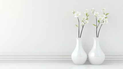 Two white vases with flowers in them sit on a white wall