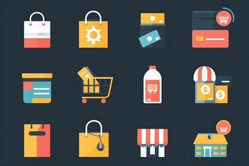 Set of minimalist e-commerce icons designed with clean lines and simple shapes, representing shopping