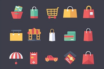 Set of minimalist e-commerce icons designed with clean lines and simple shapes, representing shopping