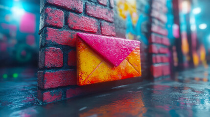 Vibrant E-mail Marketing Concept Art in Urban Graffiti Setting, Colorful Envelope on Brick Wall, Evening Mood, Futuristic Digital Graphic