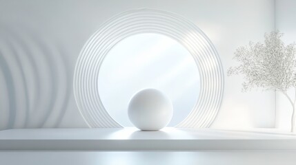 A white ball is sitting on a white pedestal in front of a window Mockup of a product
