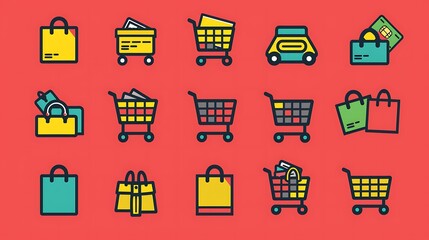 Set of minimalist e-commerce icons designed with clean lines and simple shapes, representing shopping