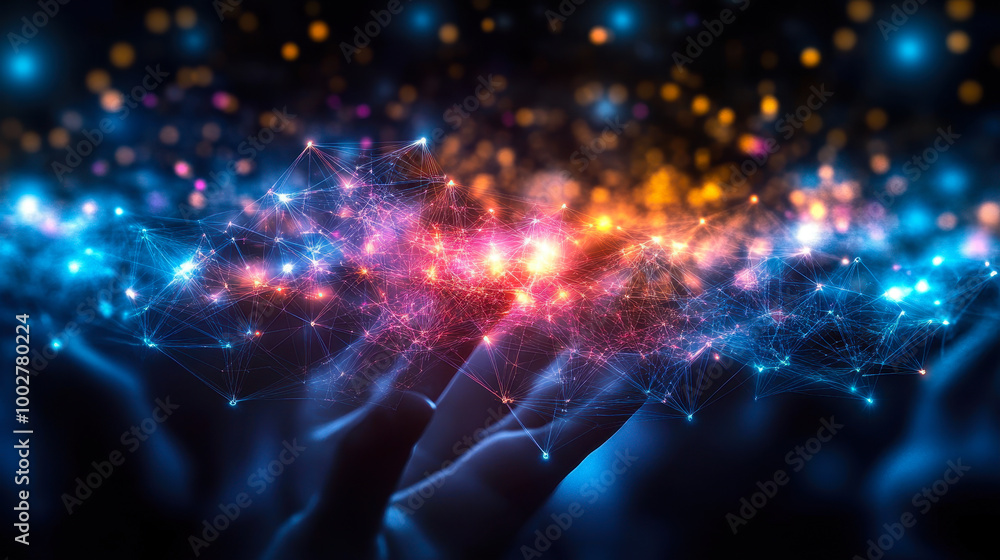 Poster hand holding an abstract network of glowing nodes and connections illustrating the concept of digita