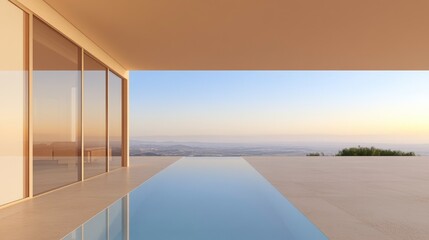 Fototapeta premium A long pool with a view of the city and mountains