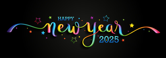 HAPPY NEW YEAR 2025 colourful brush lettering banner on black background