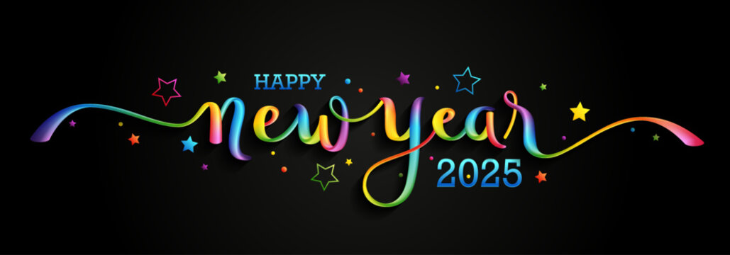 HAPPY NEW YEAR 2025 colourful brush lettering banner on black background