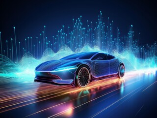 Naklejka premium Artificial Intelligence in automotive technology. Vibrant colors and shapes conveying safety, motion, performance, and knowledge of driver's environment.