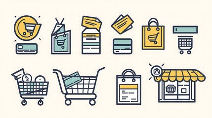 Set of minimalist e-commerce icons designed with clean lines and simple shapes, representing shopping