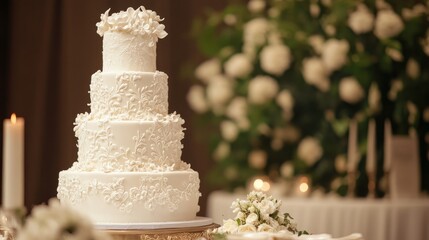 A white wedding cake with intricate details, placed on a table with ample space for a message