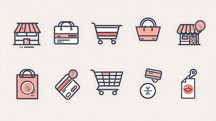 Set of minimalist e-commerce icons designed with clean lines and simple shapes, representing shopping