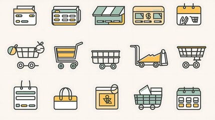 Set of minimalist e-commerce icons designed with clean lines and simple shapes, representing shopping