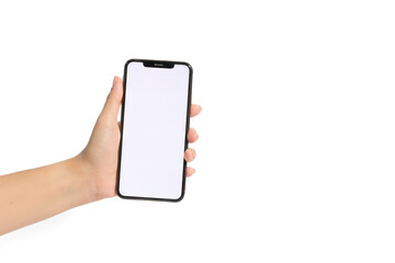 A person is holding a phone with a white background