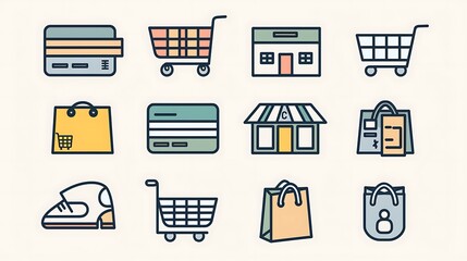 E-commerce icon collection showcasing essential shopping elements with clean and bold designs