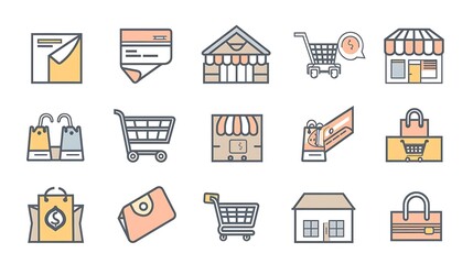 Set of minimalist e-commerce icons designed with clean lines and simple shapes, representing shopping