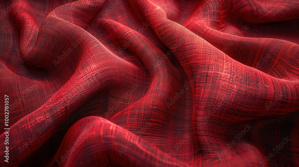 Poster Rich Textured Red Fabric Background in Close-Up with Draped Folds and Subtle Plaid Pattern for Textile Design and Decorative Concepts