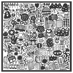 A Black and White Doodle of Abstract Shapes and Creatures