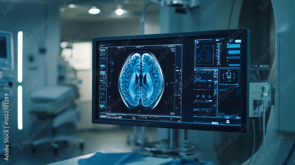 Aufkleber A computer monitor displays a brain scan