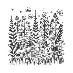 A Black and White Illustration of a Forest Meadow with Flowers and Mushrooms