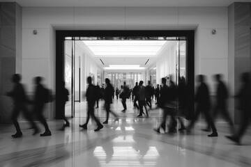A diverse group of people rushing through mall doors during a busy shopping event, captured with blurred motion to convey energy