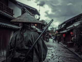 Fototapeta premium A lone warrior walks through ancient Japans autumn streets, admiring the architecture and leaves