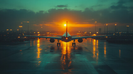 Airplane Taking Off at Sunrise Behind Airport Window, Captivating Silhouette with a Beautiful Sky and Runway Reflections, Early Morning Flight Adventure, Travel and Aviation Concept