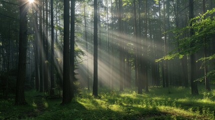 Obraz premium Sunbeams in a Misty Forest