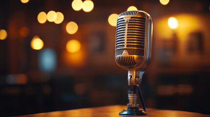 Vintage Microphone in Warm Studio Setting for Podcasting or Broadcasting, Retro Media Equipment with Soft Bokeh Lights, Night-time Ambiance, Audio Recording Concept