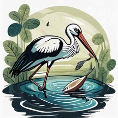 Stork eating a fish in pond vector