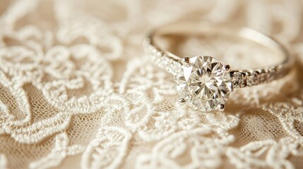 Obraz premium Close-up of a diamond engagement ring on a lace background, with ample space for text