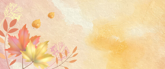 Fototapeta premium Abstract autumn collage. Watercolor banner with maple leaves, paint stains and drawn plants