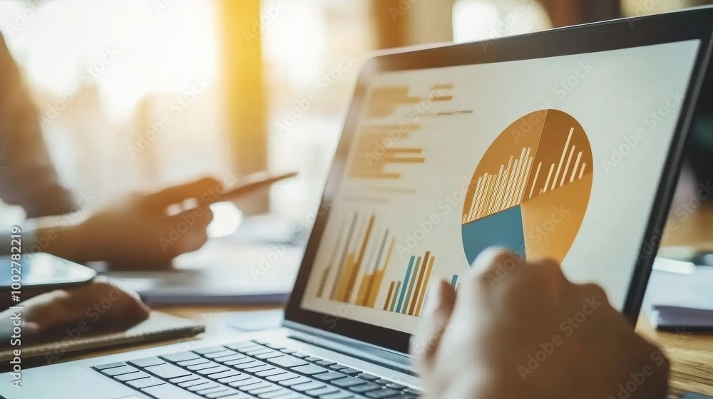 Poster a 3d pie chart displayed on a laptop screen, with a financial analyst pointing to specific segments 