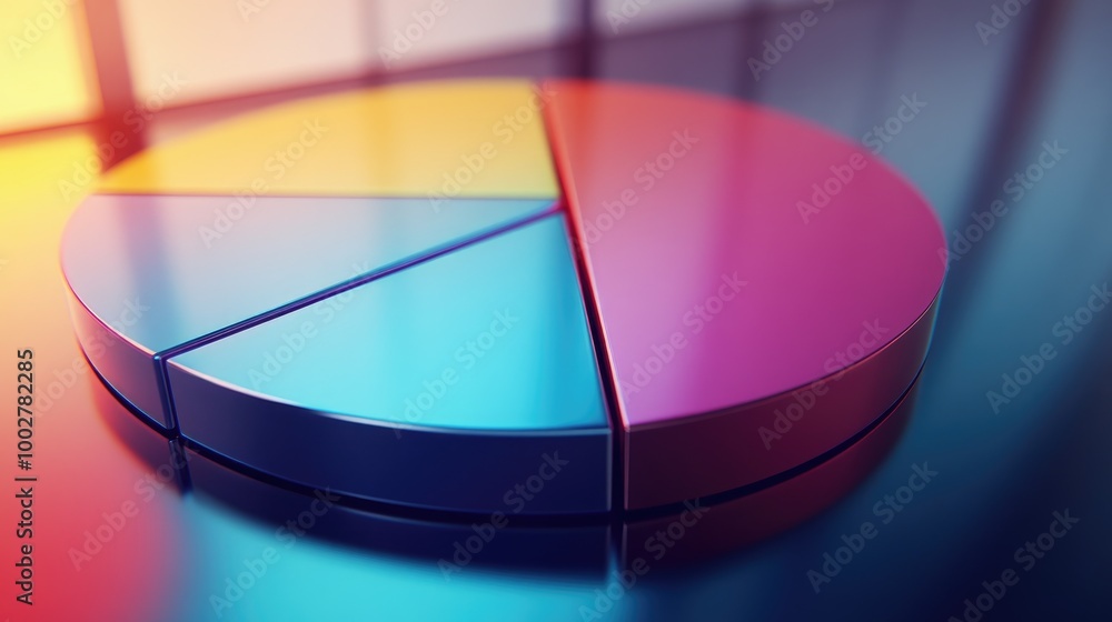 Poster a 3d pie chart in motion, dynamically rotating to reveal different data segments, presented against 