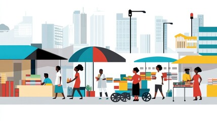 Naklejka premium Vibrant Market Scene with Diverse People Engaging in Trade