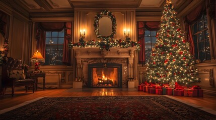 Cozy and Festive Christmas Living Room with Roaring Fireplace Beautifully Decorated Christmas Tree and Warm Soft Lighting   Ideal for Seasonal and Family Gatherings