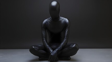 a person sitting cross-legged on the floor. They are wearing a full-body suit that is completely black, covering their entire body, including their face