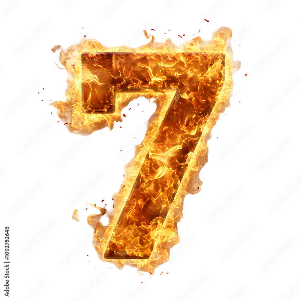 Poster fiery flaming number seven abstract representing high energy intensity,danger,and dramatic powerful 