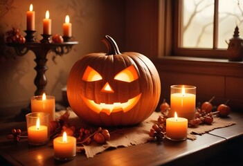 A dark and moody Halloween scene with a carved pumpkin, lit candles, and various autumn decorations