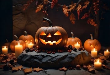 Fototapeta premium A dark and moody Halloween scene with a carved pumpkin, lit candles, and various autumn decorations