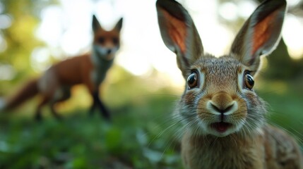 Curious Rabbit and Fox in Nature Scene