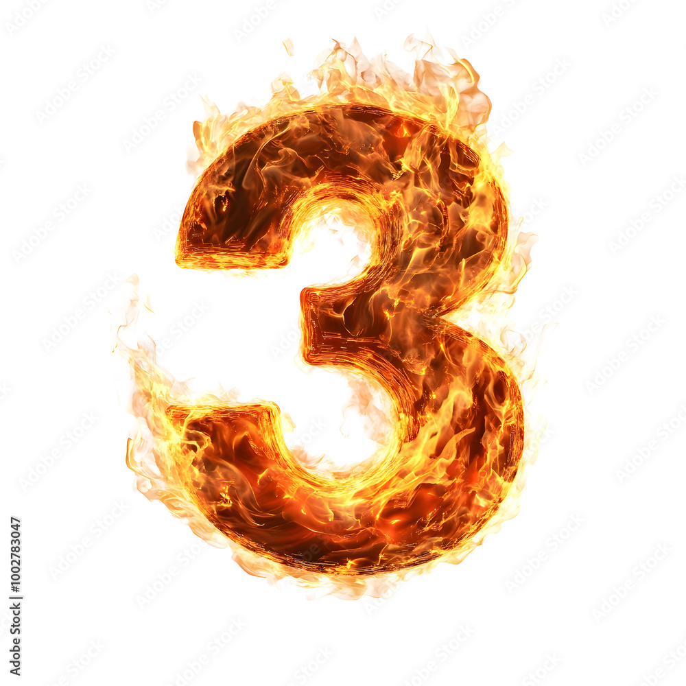 Aufkleber fiery flaming number three graphic design abstract burning numerical symbol with intense orange flam