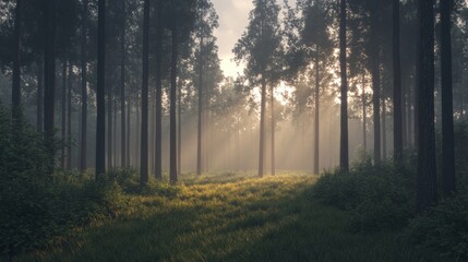 Fototapeta premium A peaceful forest at dawn, with diffused light softly filtering through the mist