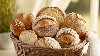 A basket filled with an assortment of bread loaves, including soft rolls, ciabatta, and round boules, set on a dining table for breakfast