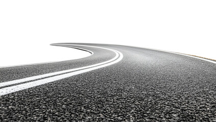 3D curved road with white lines isolated on white background.