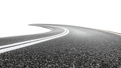 3D curved road with white lines isolated on white background.