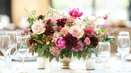 Floral arrangements on a wedding reception table, with space for a message or branding