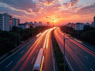 Obraz premium The evening of the road. Highway at night with traffic blur and street lamps creating lens flare