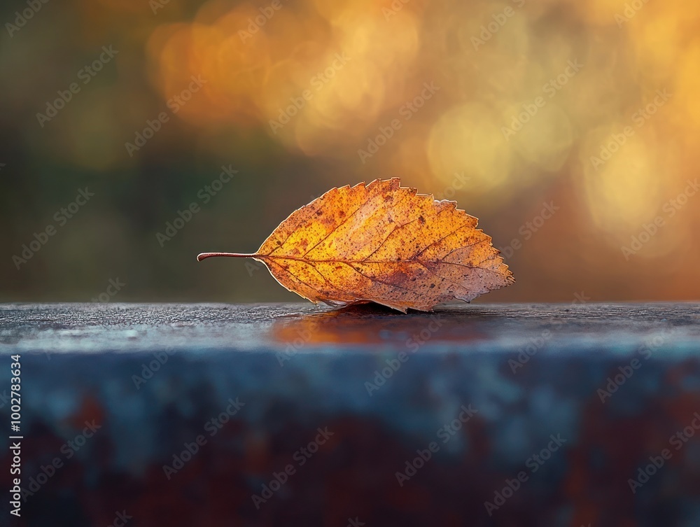 Aufkleber single autumn leaf resting on a rusty surface with warm bokeh background - a moment of tranquility a